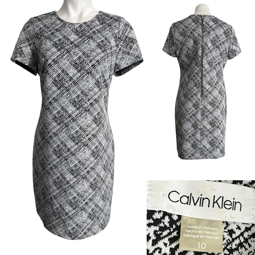 Calvin Klein dress sz 10‎ Monochrome black white short sleeve knee length office